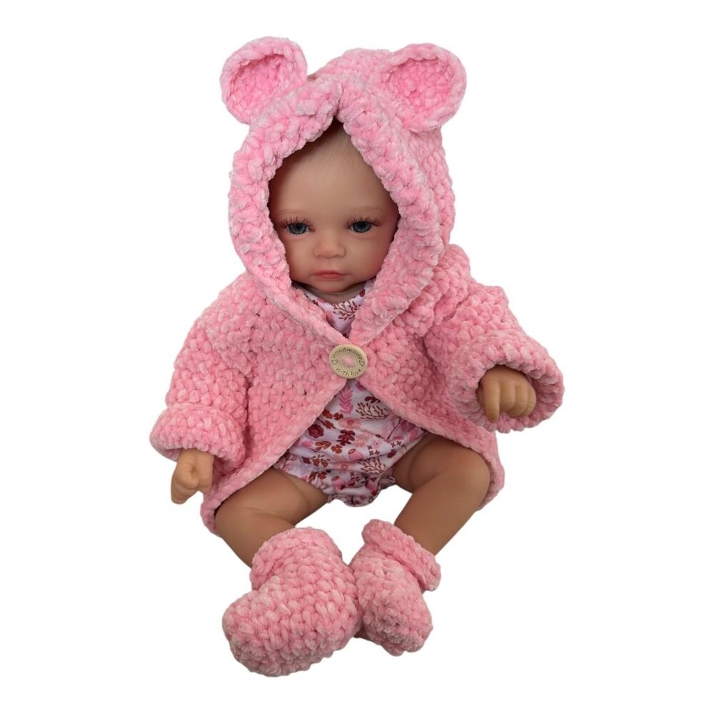 Handmade Pink Chenille Newborn Baby Hoodie & Booties Set Bear Ears Soft Plush - Picture 2 of 16